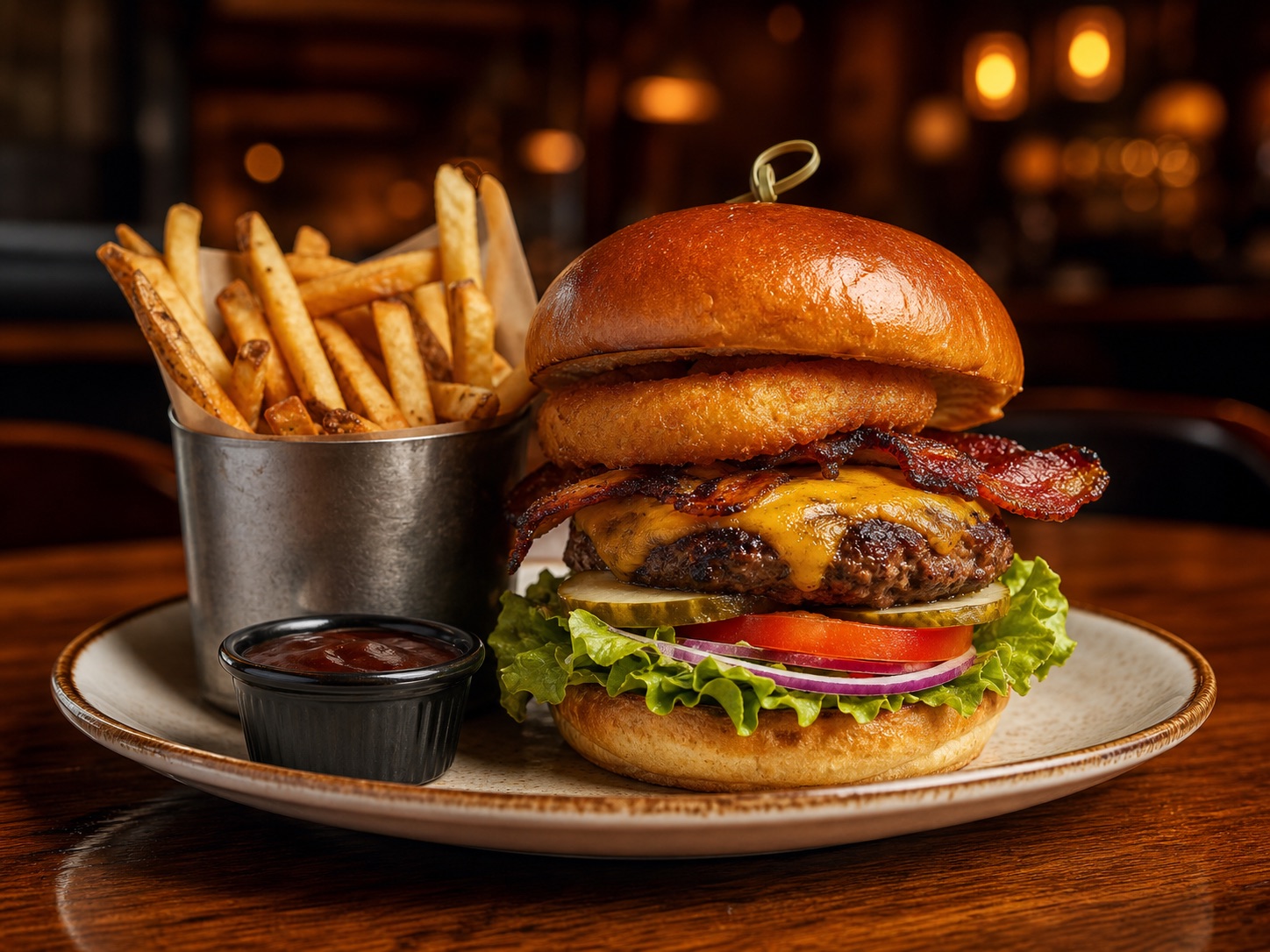 A bacon cheeseburger with fries on a pub table.