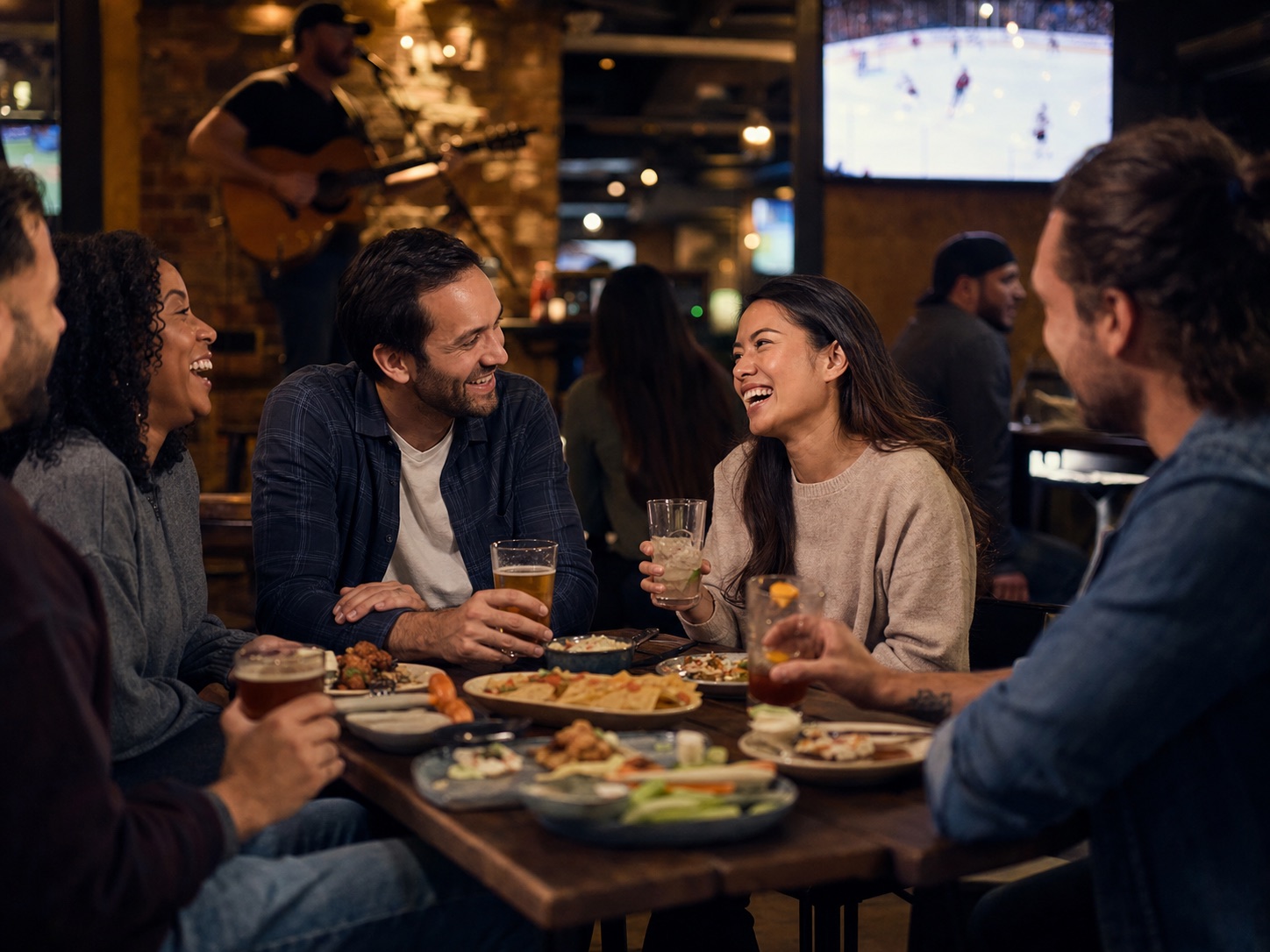Adult friends laughing around a pub table with a live music corner in the background.