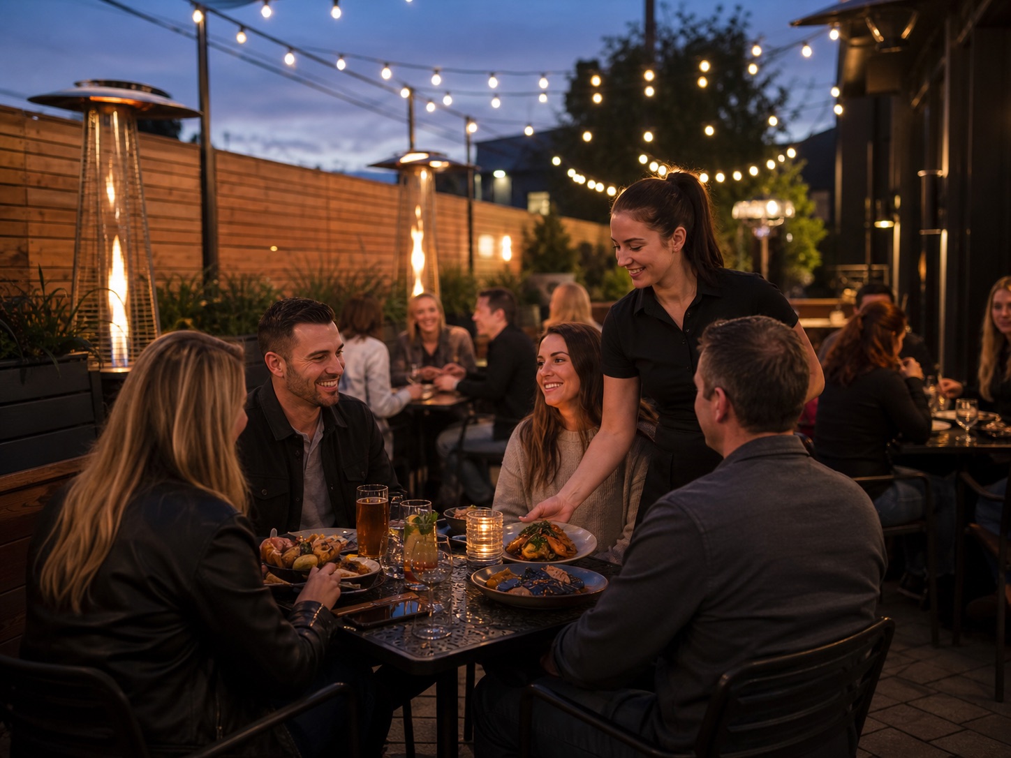 A heated pub patio at dusk with adult guests, string lights, and a server bringing food.