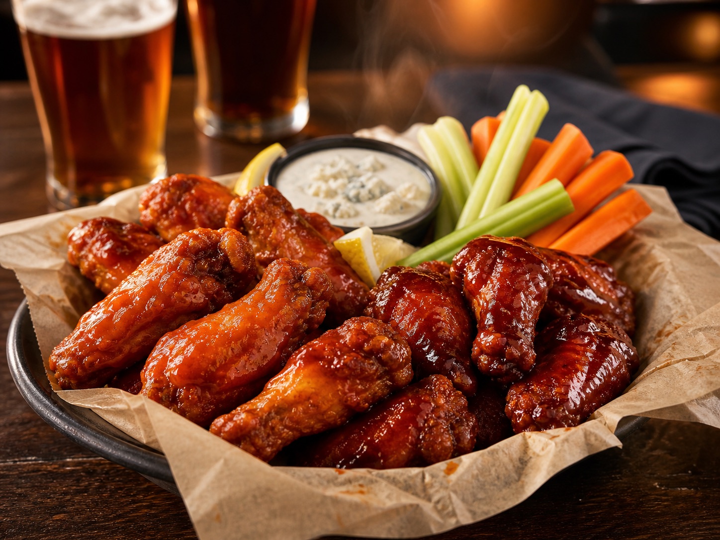 A basket of glossy pub wings with vegetables and blue cheese dip.