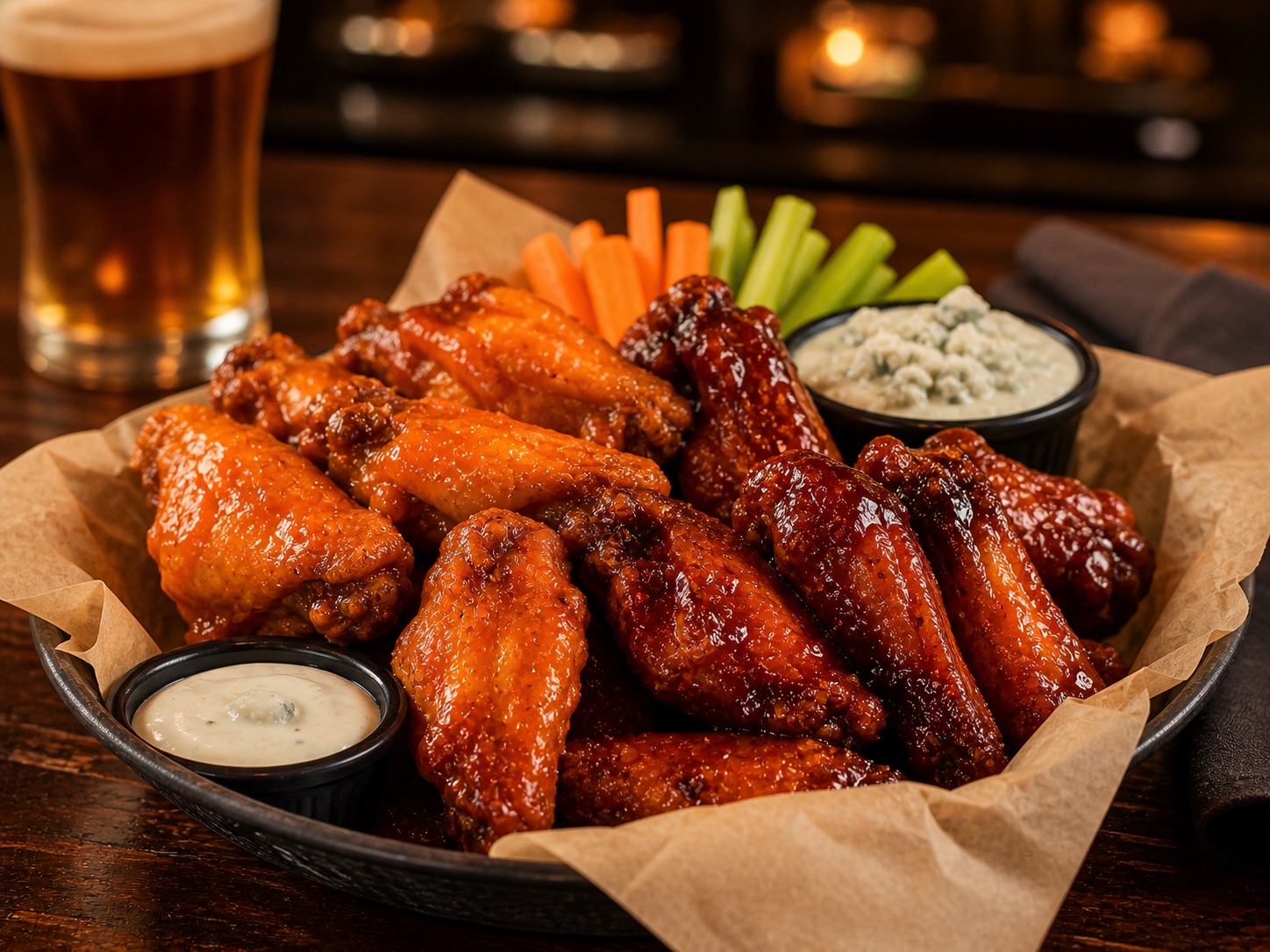 A basket of saucy pub wings with vegetables, dip, and a pint nearby.