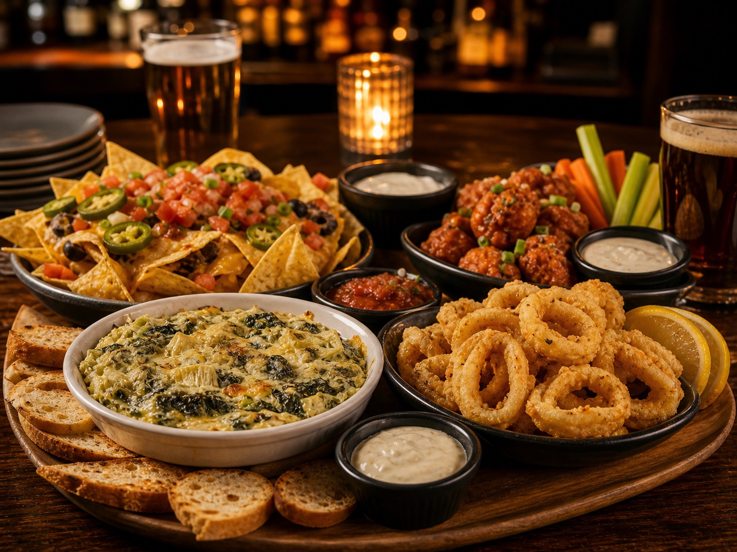 A shared pub appetizer platter with nachos, dip, calamari, chicken bites, and sauces.
