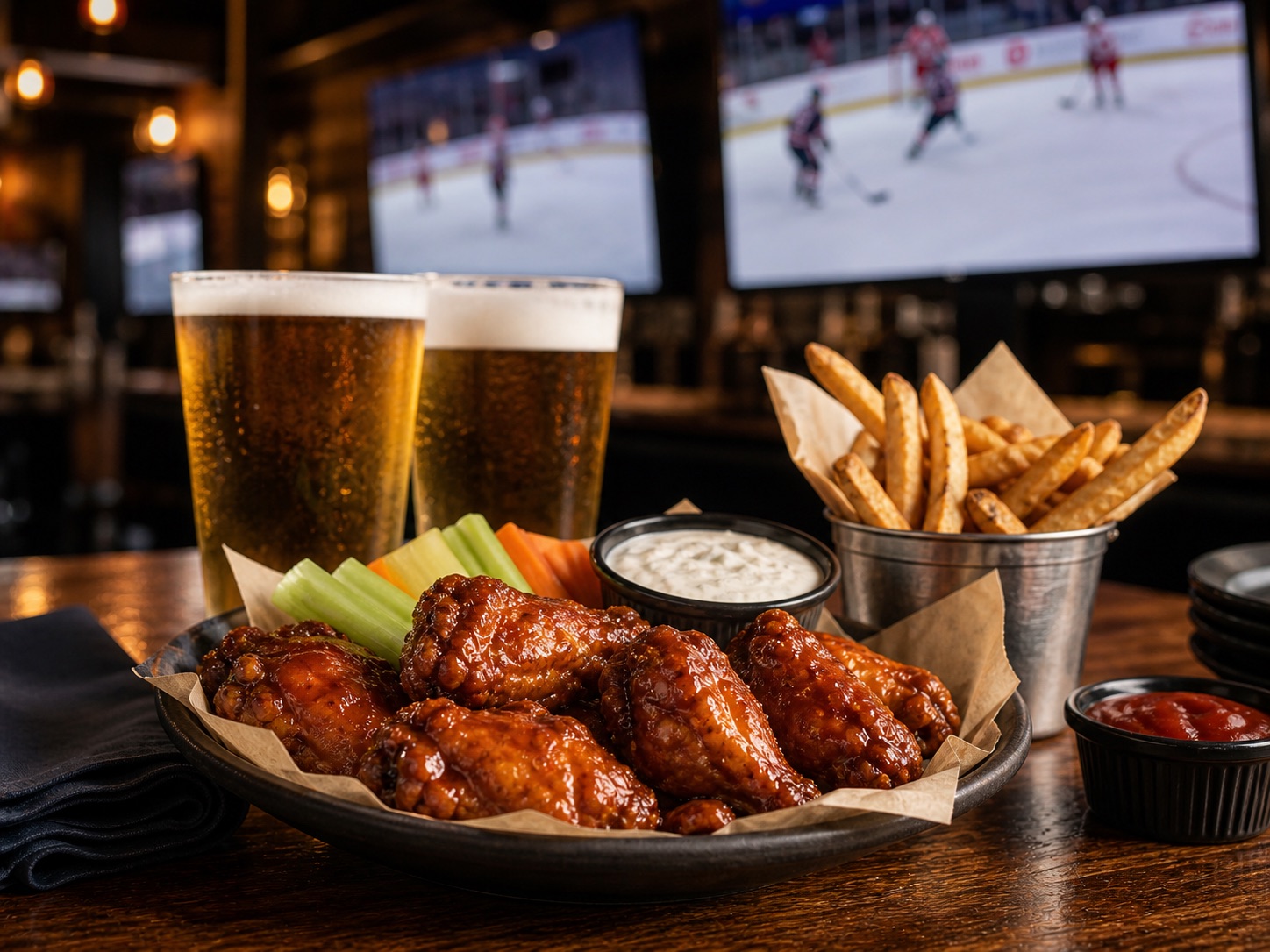 Wings, fries, dips, and draft beers in front of blurred sports screens.