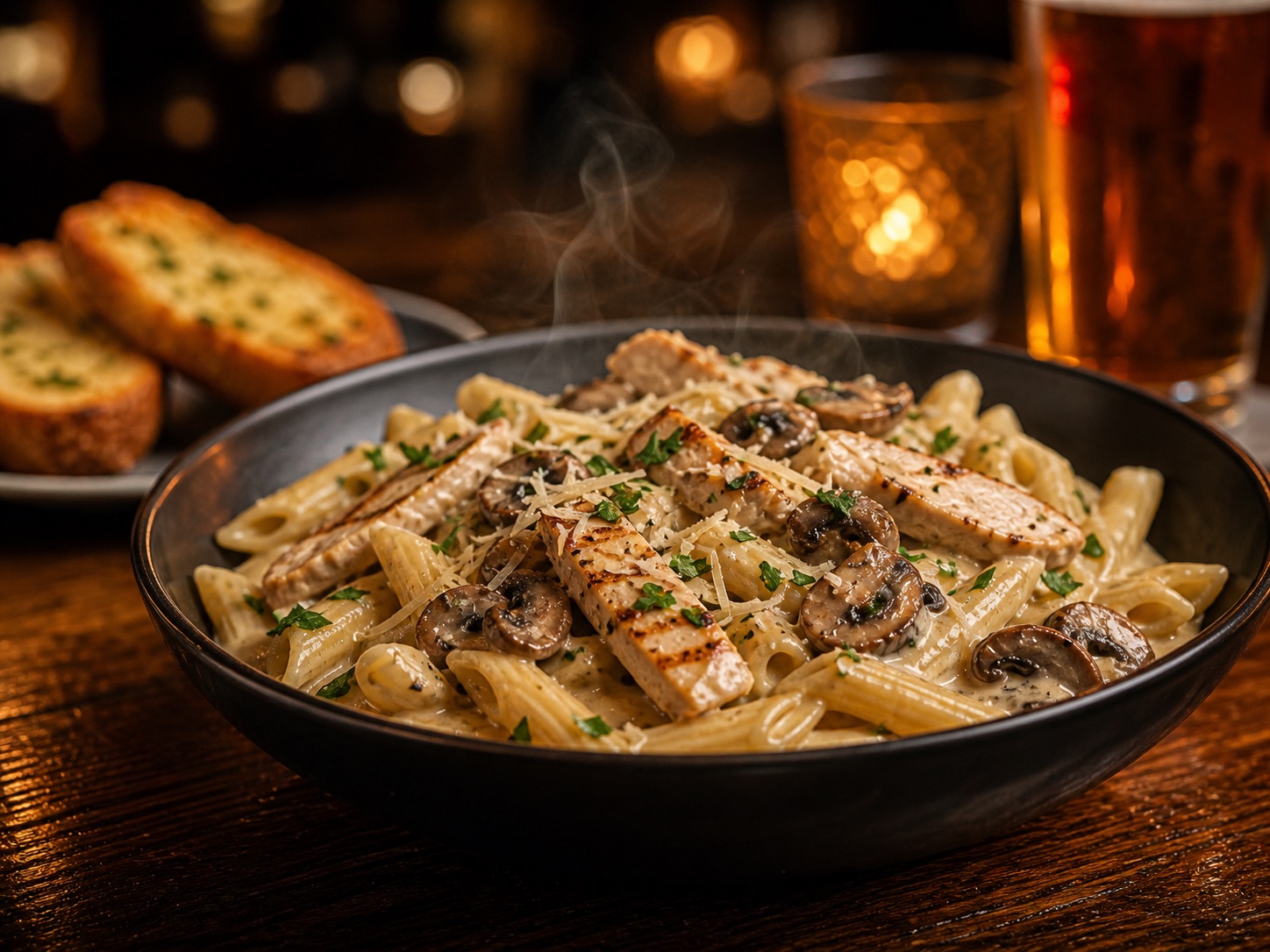 A warm bowl of creamy penne pasta with grilled chicken and garlic bread.